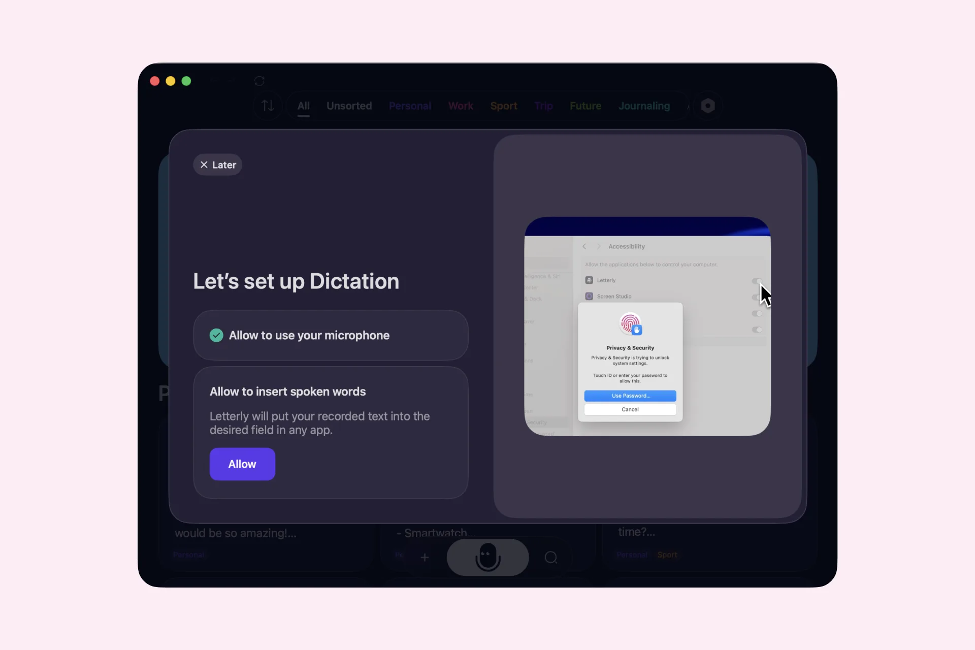 Allow Accessibility access for Letterly