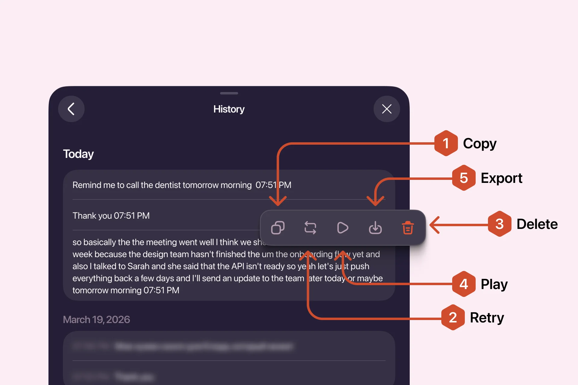 Quick actions for a dictation in History
