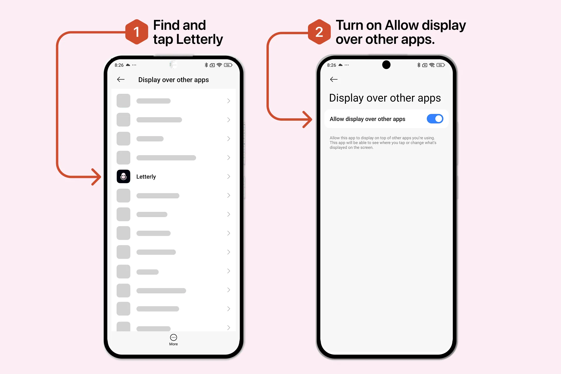 Turn on Allow display over other apps for Letterly