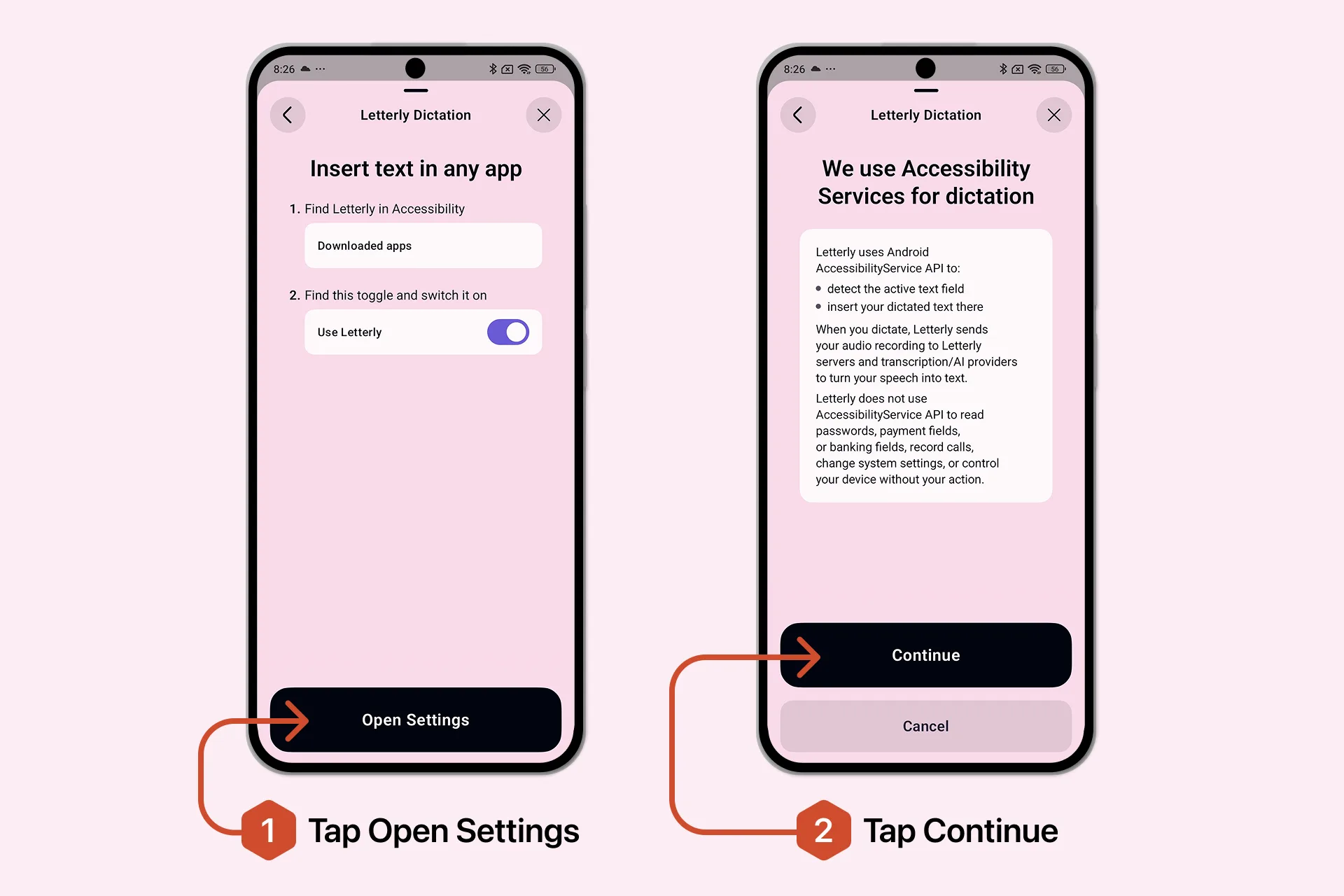 Review how Letterly uses Accessibility, then tap Continue