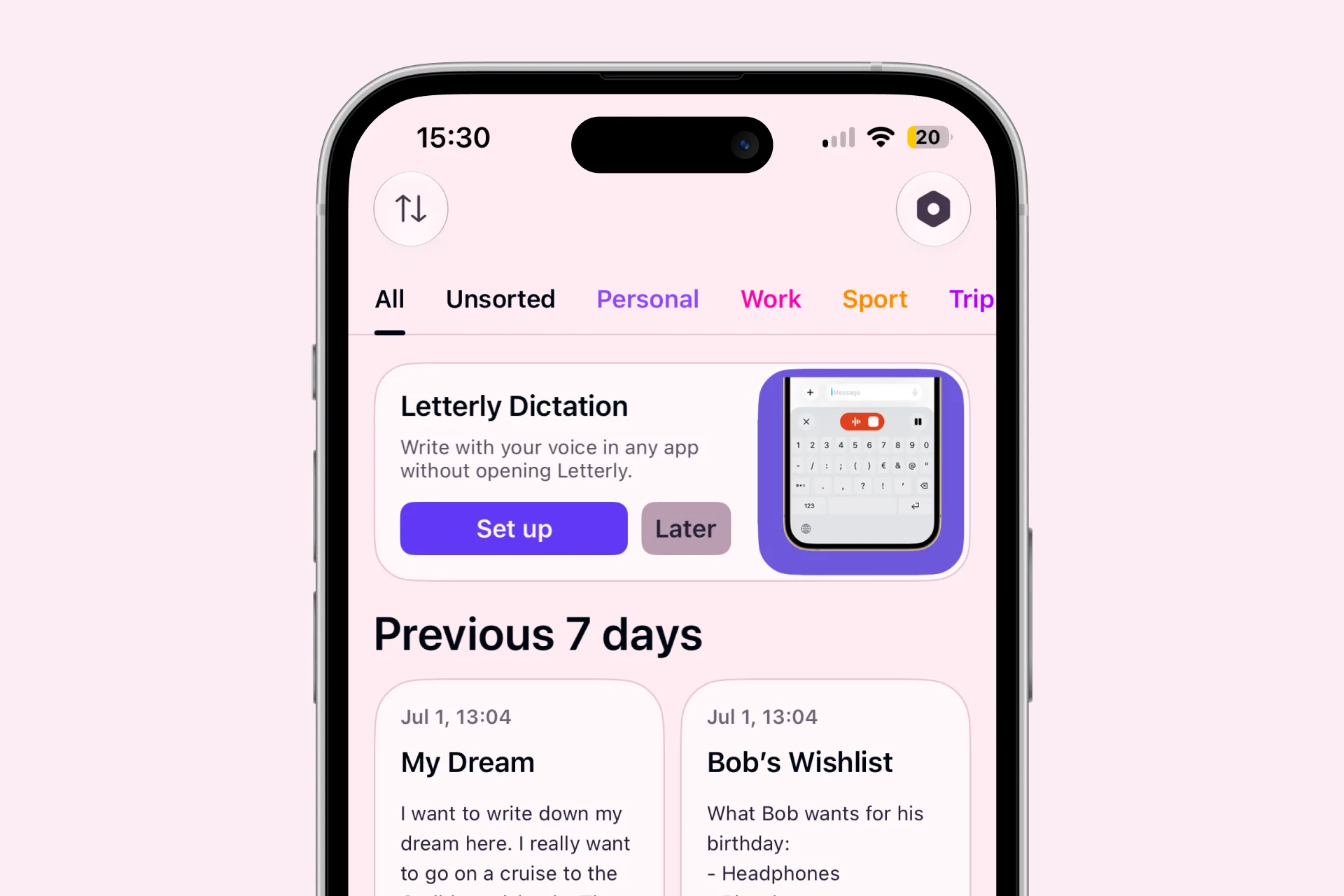 The Letterly Dictation banner on the Home screen