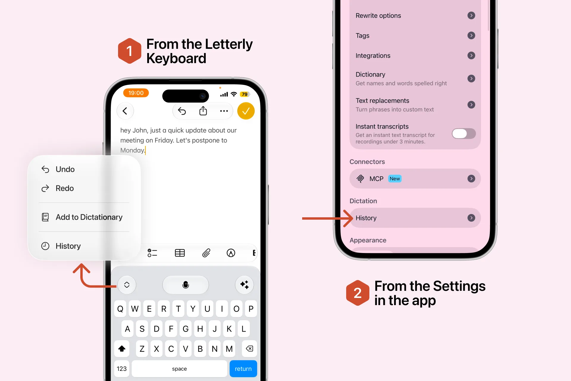Two ways to open Dictation History