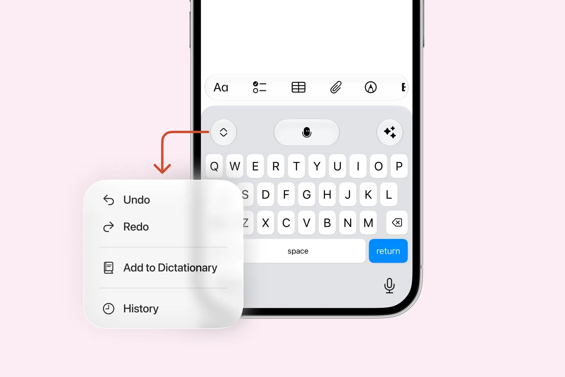 Actions in the keyboard menu